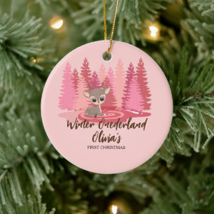 Winter Onederland First Christmas Deer Pink Forest Ceramic Ornament