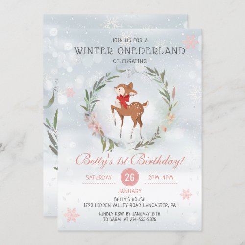 Winter Onederland Floral Deer Baby 1st Birthday Invitation
