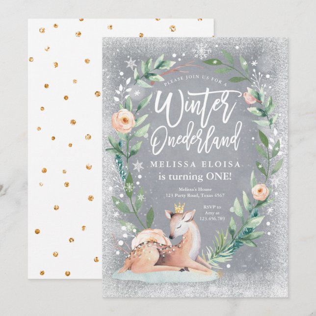 Winter ONEderland Floral Silver Deer Birthday Invitation (Front/Back)