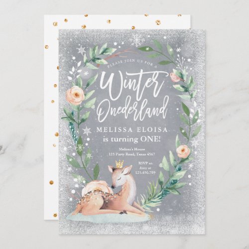 Winter ONEderland Floral Silver Deer Birthday Invitation