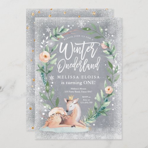 Winter ONEderland Floral Silver Woodland Birthday Invitation