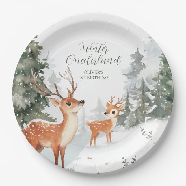 Winter Onederland Forest Animals First Birthday Paper Plates (Front)