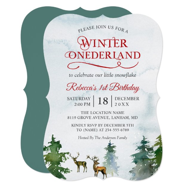 Winter ONEderland Forest Deer Baby First Birthday Invitation
