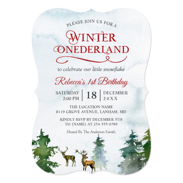 Winter ONEderland Forest Deer Baby First Birthday Invitation