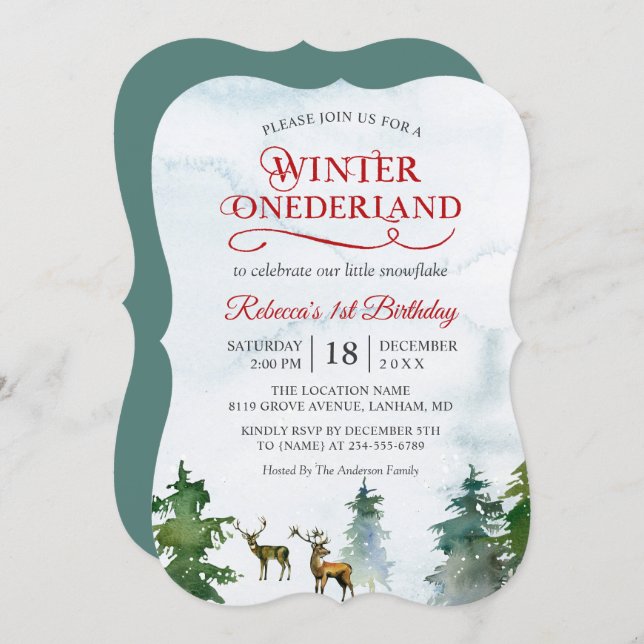 Winter ONEderland Forest Deer Baby First Birthday Invitation (Front/Back)