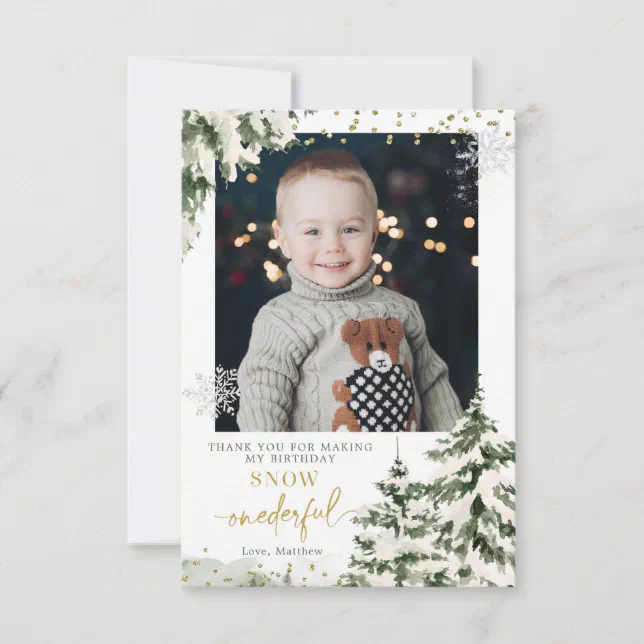 Winter Onederland Forest First Birthday with photo Thank You Card | Zazzle