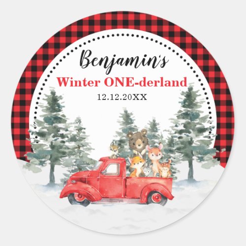 Winter ONEderland Forest Woodland Animals Birthday Classic Round Sticker