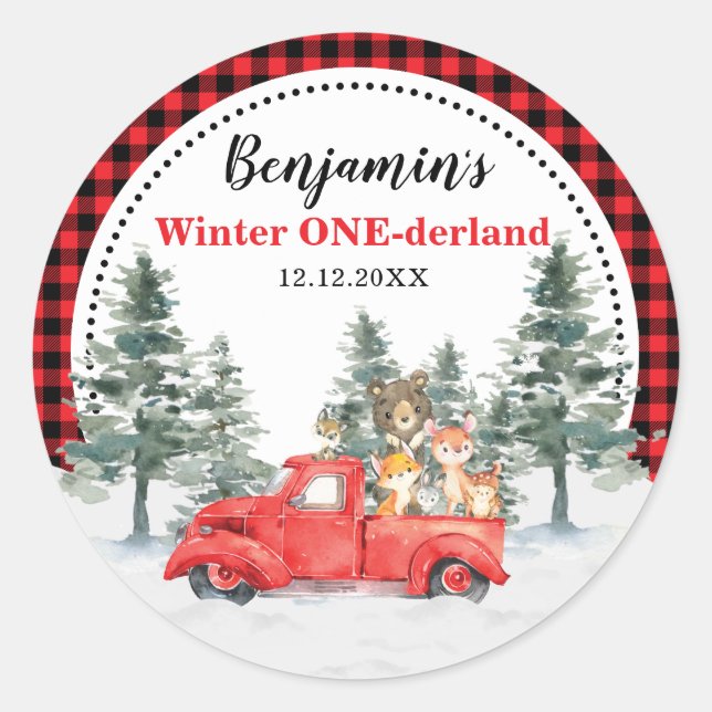 Winter ONEderland Forest Woodland Animals Birthday Classic Round Sticker (Front)