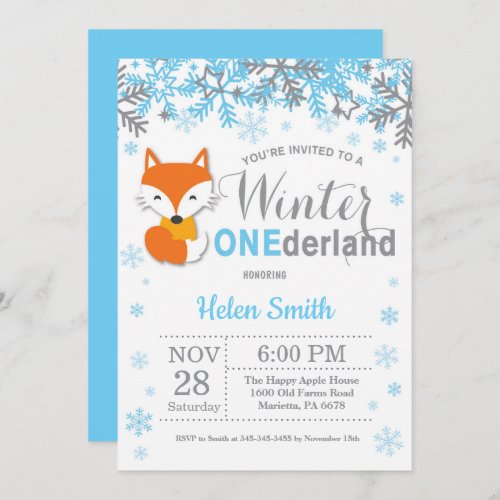 Winter Onederland Fox Boy 1st Birthday Invitation