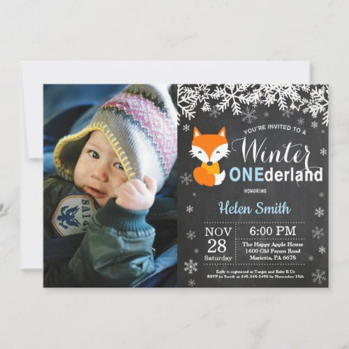 Winter Onederland Fox Boy 1st Birthday Invitation