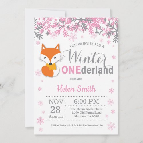 Winter Onederland Fox Girl 1st Birthday Invitation