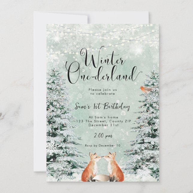 winter onederland foxes birthday party invitation (Front)