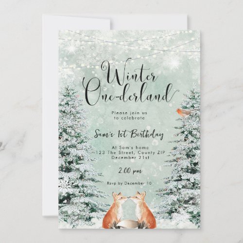 winter onederland foxes birthday party invitation