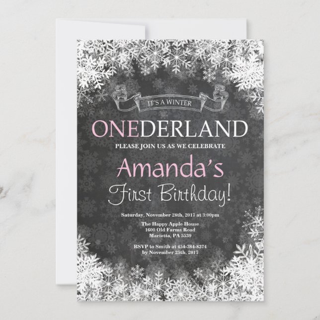 Winter Onederland Girl 1st Birthday Invitation (Front)
