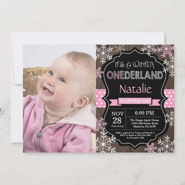 Winter Onederland Girl 1st Birthday Invitation (Front)