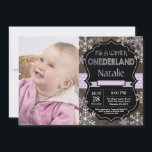 Winter Onederland Girl 1st Birthday Invitation<br><div class="desc">Winter Onederland Girl 1st Birthday Invitation with custom photo. Purple Lilac Lavender and White Snowflake. First Birthday. Girl 1st Bday Invite. Rustic Wood Chalkboard Background. Black and White. Purple Ribbon. For further customization,  please click the "Customize it" button and use our design tool to modify this template.</div>