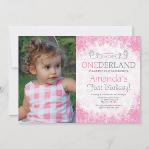 Winter Onederland Girl 1st Birthday Photo Invitation