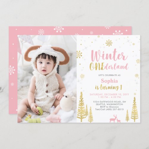 Winter Onederland Girl 1st Photo Birthday Invitation