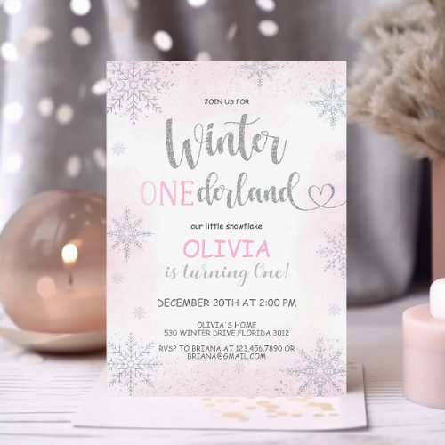 Winter Onederland Girl Birthday Pink Invitation