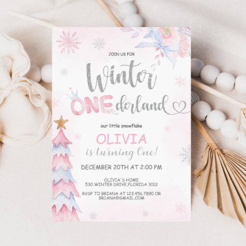Winter Onederland Girl Birthday Pink Silver Invitation