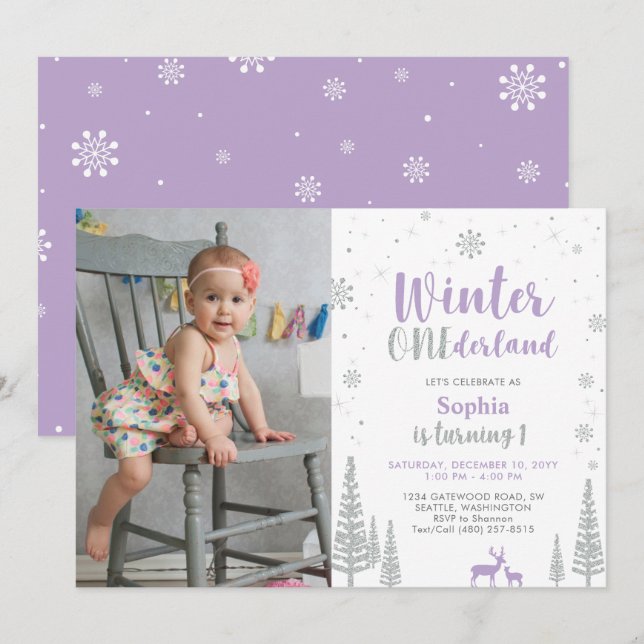 Winter Onederland, Girl First Photo Birthday Invitation (Front/Back)