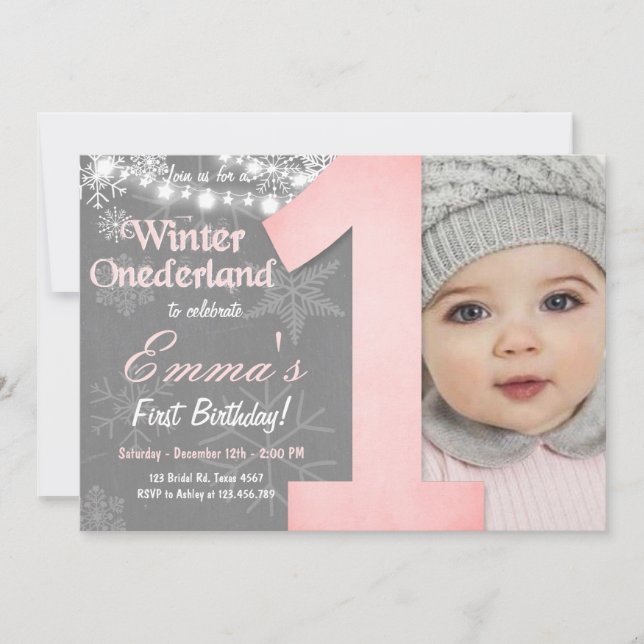 Winter Onederland Girl Grey Snowflake Birthday Invitation (Front)