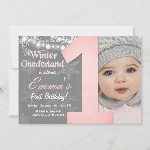 Winter Onederland Girl Grey Snowflake Birthday Invitation