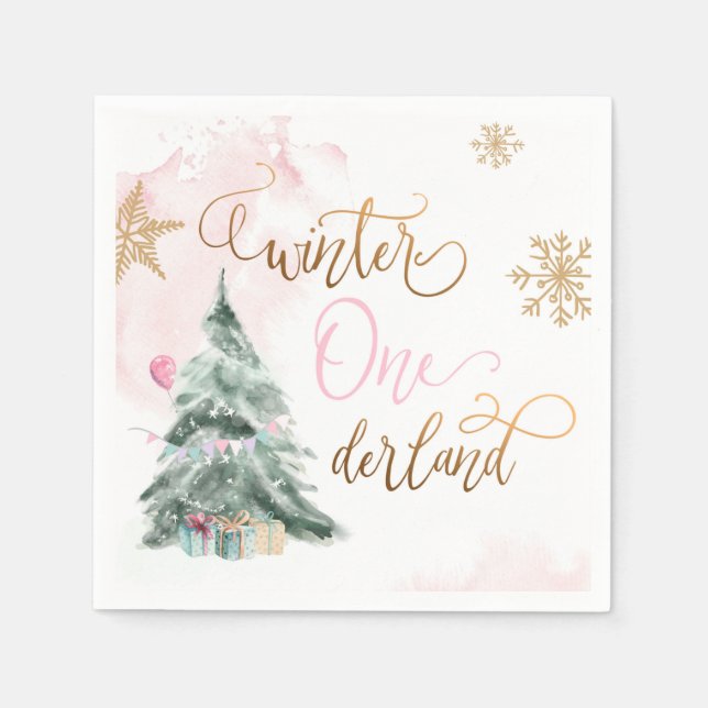 Winter Onederland Girl Pink Gold 1st Birthday Napkins (Front)