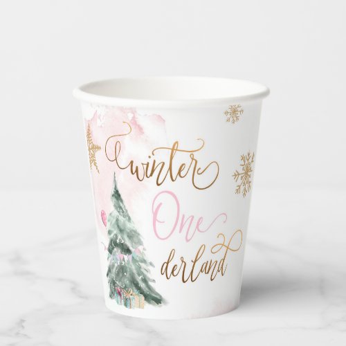 Winter Onederland Girl Pink Gold 1st Birthday Paper Cups