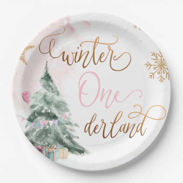 Winter Onederland Girl Pink Gold 1st Birthday Paper Plates (Front)