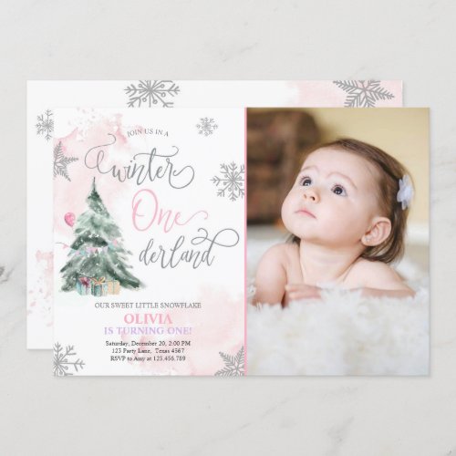 Winter Onederland Girl Pink Winter 1st Birthday Invitation