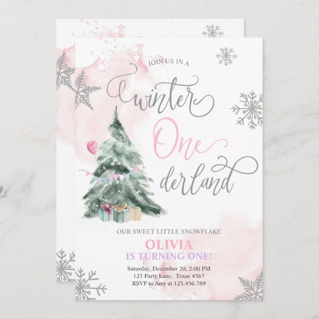 Winter Onederland Girl Pink Winter 1st Birthday Invitation (Front/Back)