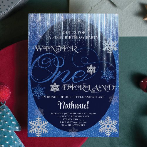 Winter ONEderland Glitter Blue 1st Birthday Invitation