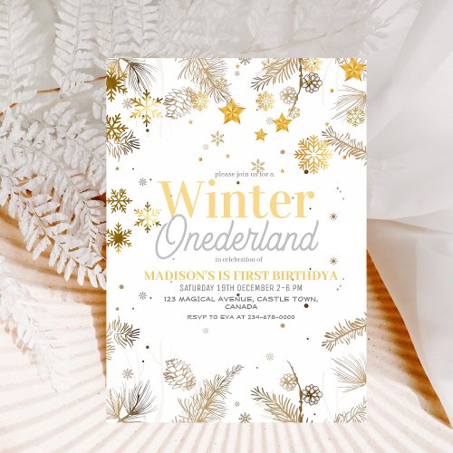 Winter Onederland Gold and silver Birthday 1st  Invitation
