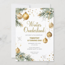 Winter Onederland Gold Baubles 1st Birthday Party Invitation