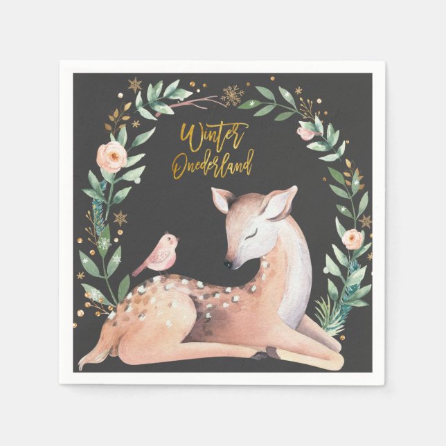 Winter ONEderland Gold Deer Greenery Woodland Napkins (Front)