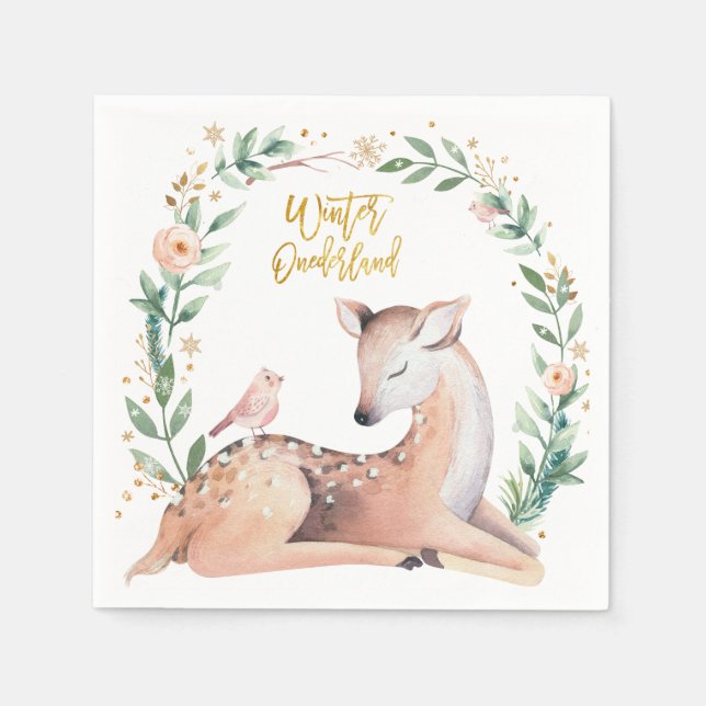Winter ONEderland Gold Deer Greenery Woodland Napkins (Front)