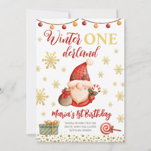 Winter Onederland Gold Gnome Birthday Invitation