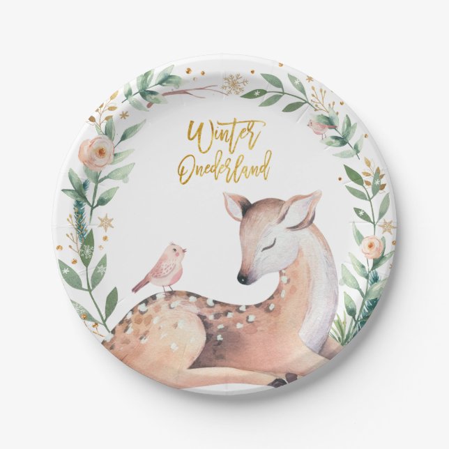 Winter ONEderland Gold Greenery Deer Woodland Paper Plates (Front)
