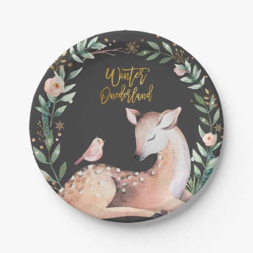 Winter ONEderland Gold Greenery Deer Woodland Paper Plates