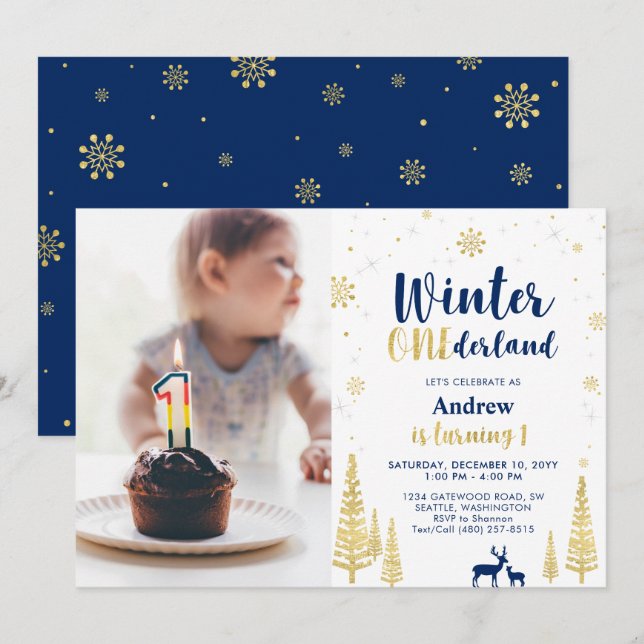 Winter Onederland, Gold & Navy Boy 1st Birthday Invitation (Front/Back)