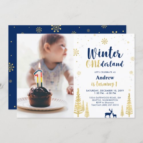 Winter Onederland Gold  Navy Boy 1st Birthday Invitation