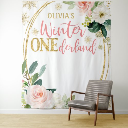 Winter ONEderland Gold Pink Floral Backdrop