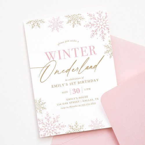 Winter Onederland Gold Pink Glitter 1st Birthday Invitation