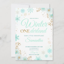 Winter ONEderland Green Snowflake 1st Invitation