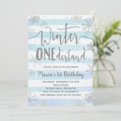 Winter ONEderland Invitation Blue Silver Snowflake (Standing Front)