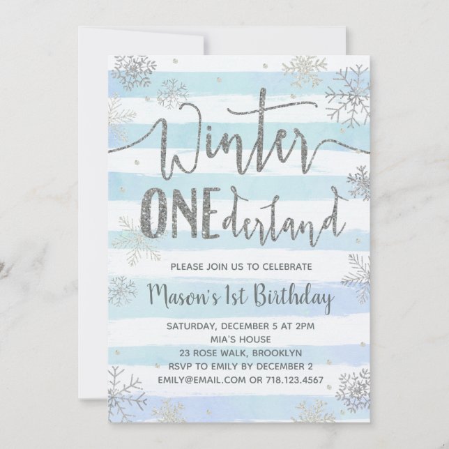Winter ONEderland Invitation Blue Silver Snowflake (Front)