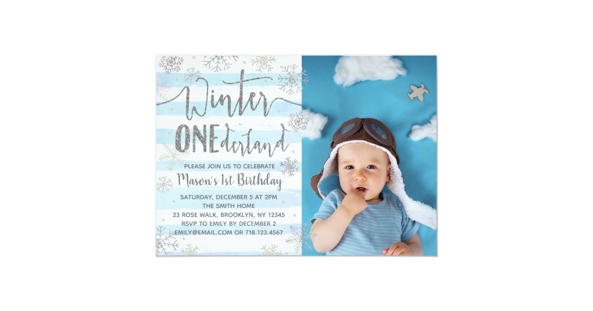 Winter Onederland Invitation Boy Blue Silver Zazzle Com