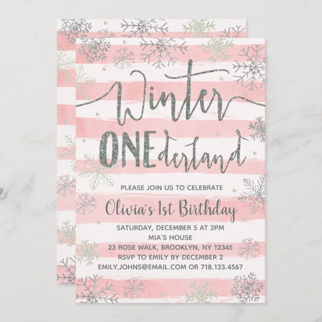 Winter ONEderland Invitations Girls Pink Silver (Front/Back)