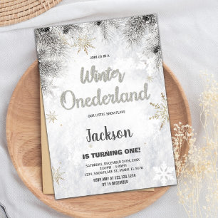 Winter ONEderland Invitations Pine Silver Glitter